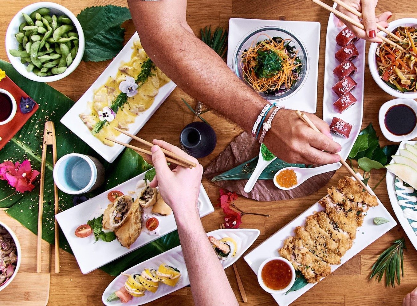 Top angle shot of traditional Japanese food dishes - Foodex